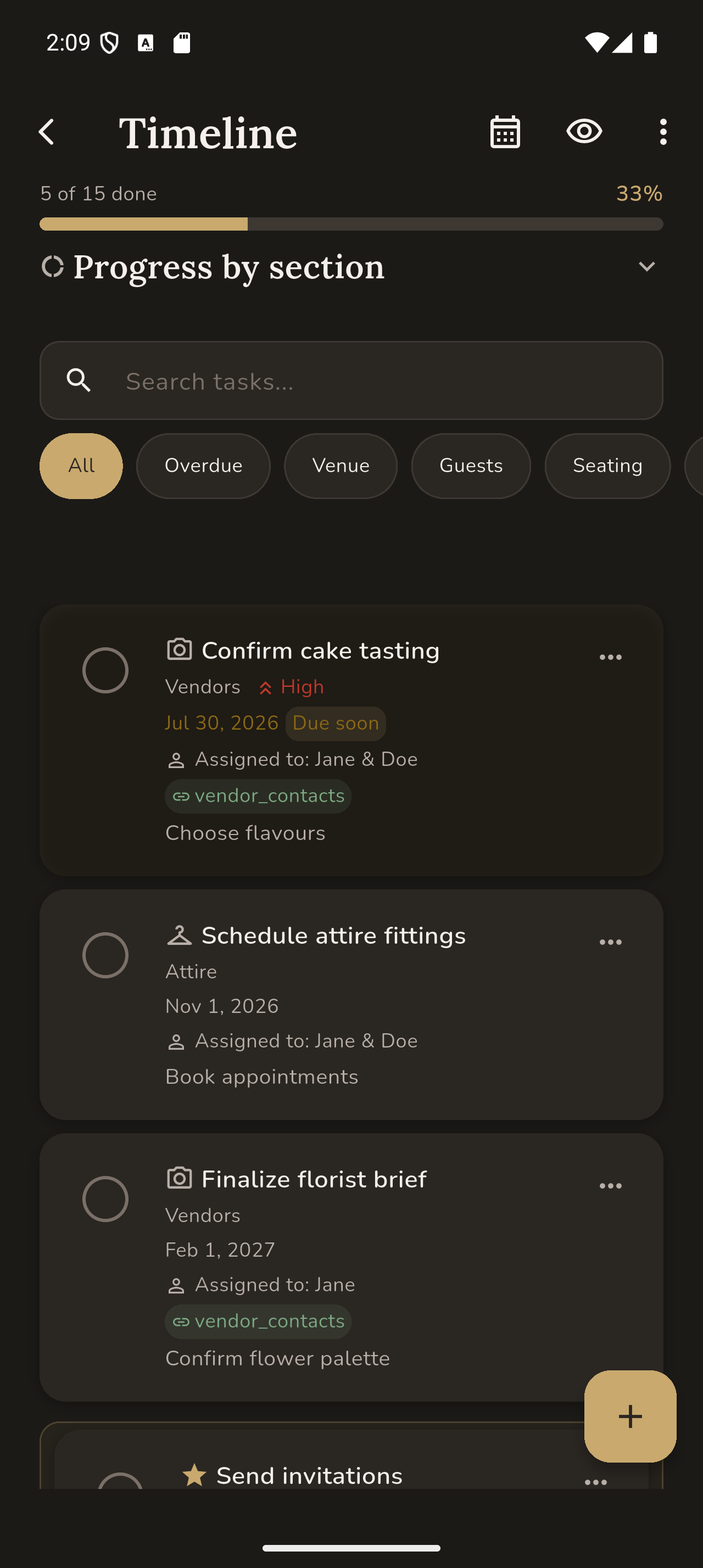 Wedlune timeline showing wedding tasks, due dates, priorities, and assignments
